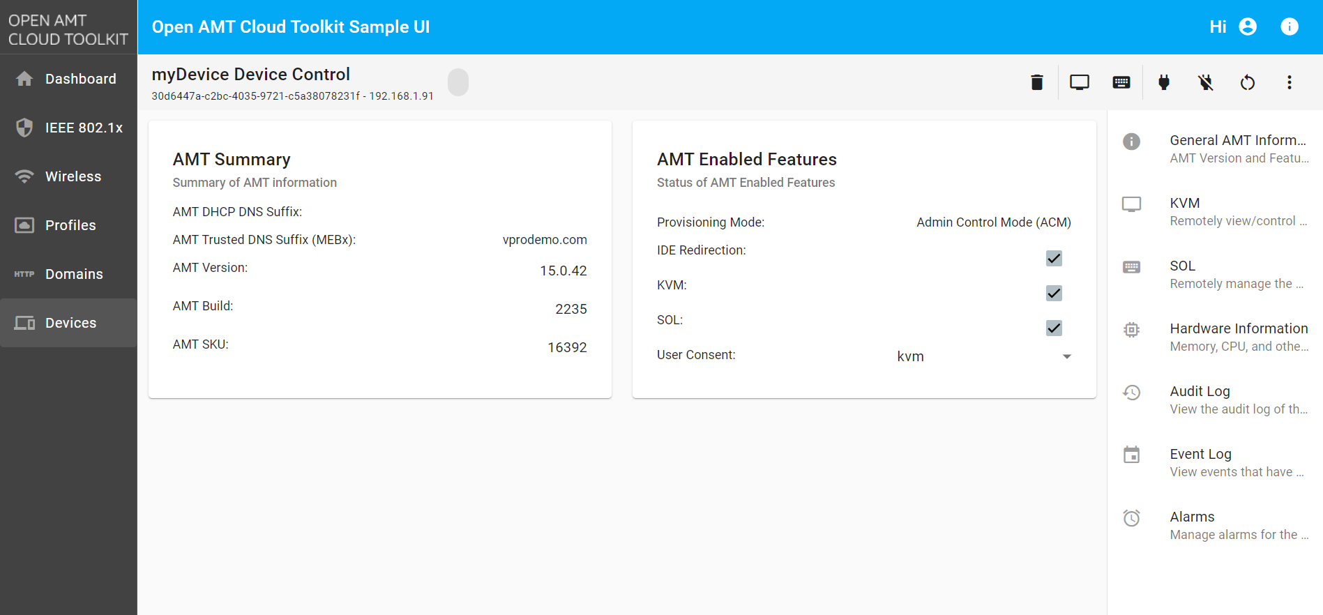 Figure 2: Device Page and Options